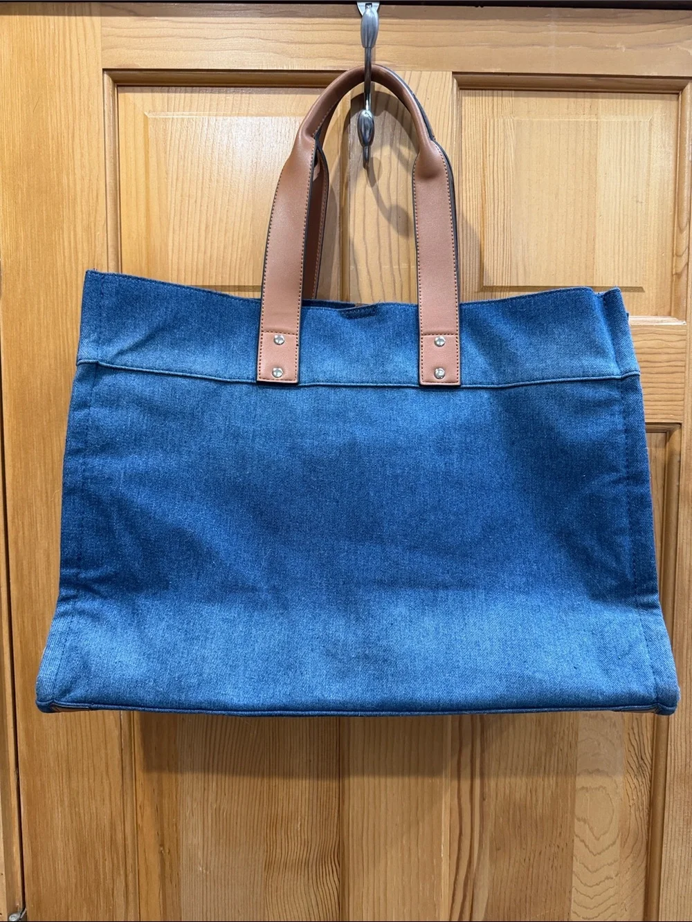 True Religion Denim Tote Bag in Blue with Brown Handles